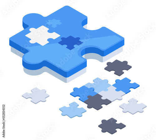 Isometric puzzle game. Jigsaw puzzle pieces, teamwork or problem solution 3d concept flat vector illustration on white background
