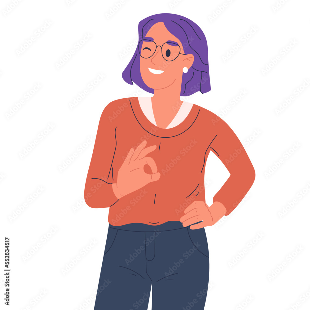 Woman showing okay sign. Excited girl with positive gesture, happy smiling person body language flat vector illustration on white background Woman showing okay sign. Excited girl with positive gesture, happy smiling person body language flat vector illustration on white background