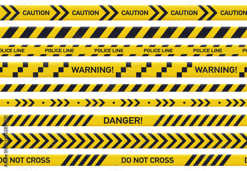 Police yellow line, crime barrier. Warning lines, security tapes and caution danger ribbons flat vector illustration set. Not cross, security line collection © GreenSkyStudio