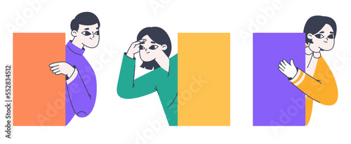 Spying, peeping people. Curious characters looking out geometry shapes flat vector illustration set on white background