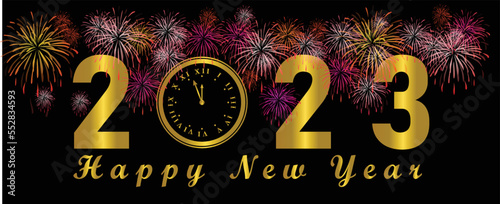 Happy new year 2023 banner. New year celebration banner. Dark red gradient background with golden text. Greeting Card, Banner, Poster, Vector Illustration.