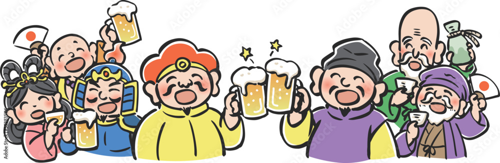 ビールなどのお酒で宴会をする七福神のイラスト　横並び