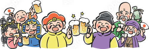 ビールなどのお酒で宴会をする七福神のイラスト　横並び
