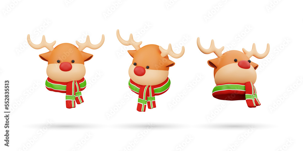 Set of Christmas Santa Reindeer Character 3d icon. Isolated on White Background