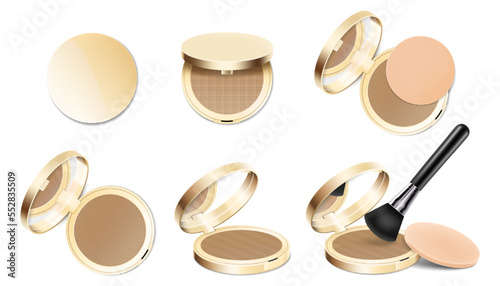 Set of face cosmetic makeup powder in gold round plastic case with mirror, with powder brush and sponge. Realistic 3d vector illustration, Isolated on White Background