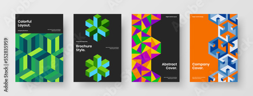Creative company brochure design vector concept collection. Simple geometric hexagons booklet template set.