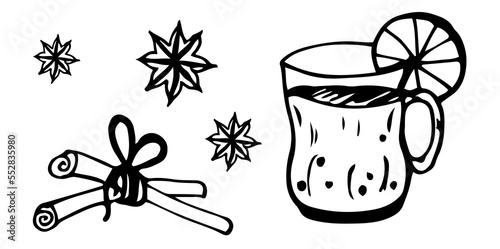 Doodle Winter hot drink Grog, cup, orange, vanilla and cinnamon. Vector illustration.