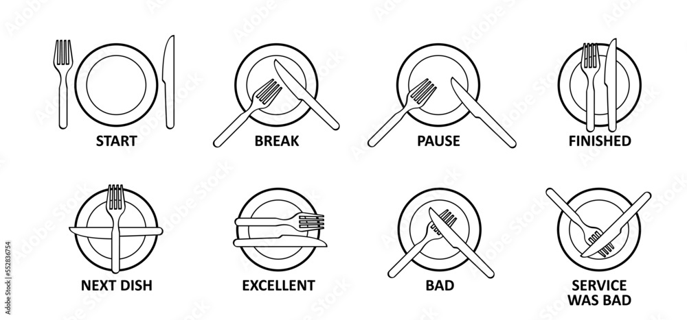 The language of cutlery, eating rules. Dining etiquette at the table.  Cutlery etiquette. Plate, fork, knife, spoon icon. Basic Restaurant  Etiquette. Ready to eat. Cartoon table manners. Stock Vector | Adobe Stock