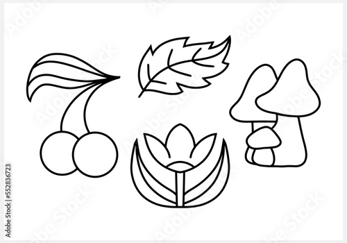 Doodle food flower leaf mushroom berry collection clipart Hand drawn coloring page book Engraving vector stock illustration EPS 10