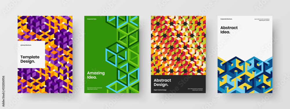 Fresh geometric shapes company brochure illustration bundle. Clean front page design vector template composition.