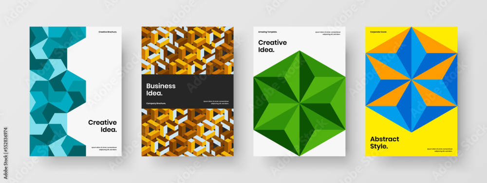 Fototapeta premium Multicolored geometric hexagons front page concept bundle. Modern cover A4 design vector layout composition.