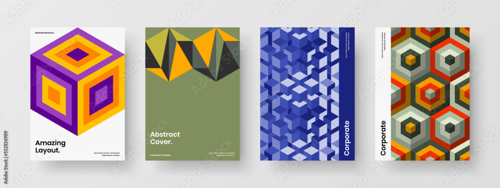 Simple geometric pattern annual report illustration composition. Original poster A4 vector design template bundle.