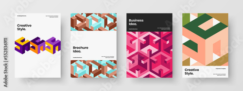 Isolated company cover A4 vector design concept bundle. Bright mosaic tiles front page template set.