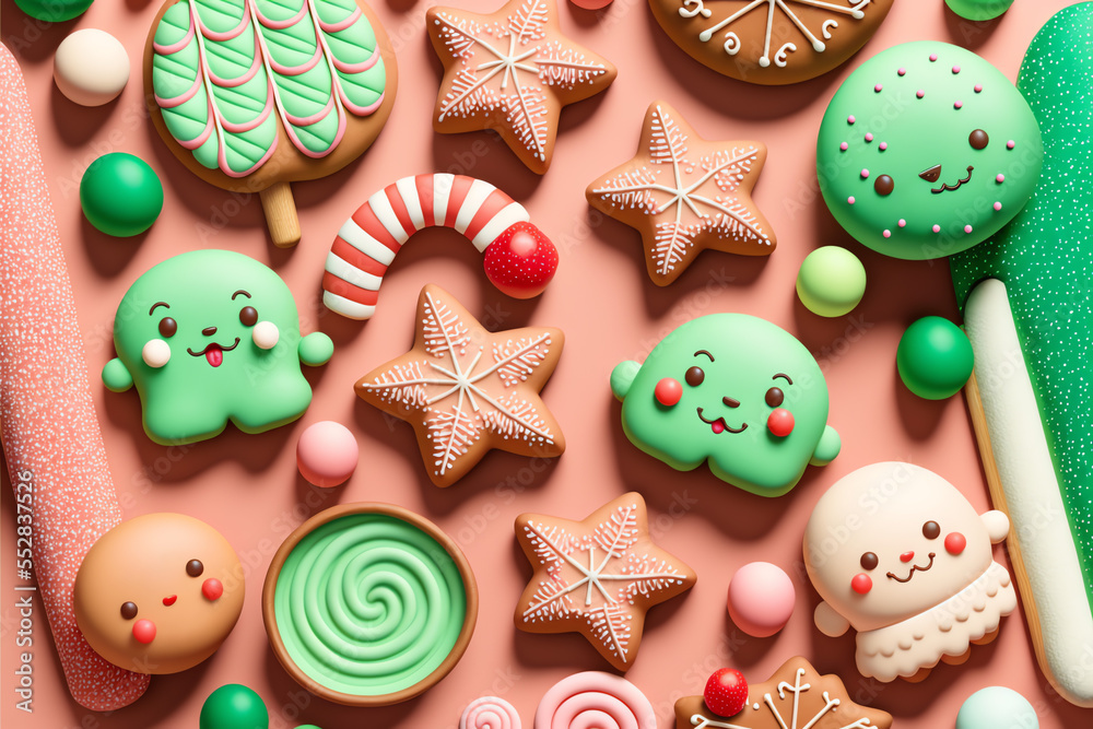 Cute Gingerbread Cookies, Christmas Holiday Decorated, Icing, Candy, Holiday, Gumdrops, Lollipops, Peppermint, Sprinkles, Candy, Candycane, Isolated, Pink Background, Generative AI