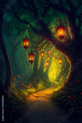 path through fantasy enchanted forest with hanging lights, background, generated image