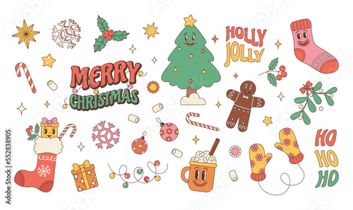 Groovy hippie Christmas stickers. Christmas tree, gifts, peace, snowflake, holly jolly, ho ho ho, mug hot chocolate, gingerbread in trendy retro cartoon style. Cartoon characters and elements.