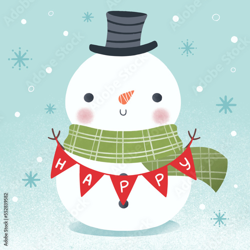 Cute cartoon happy snowman holding a festive garland flag for New Year greeting card on winter blue background