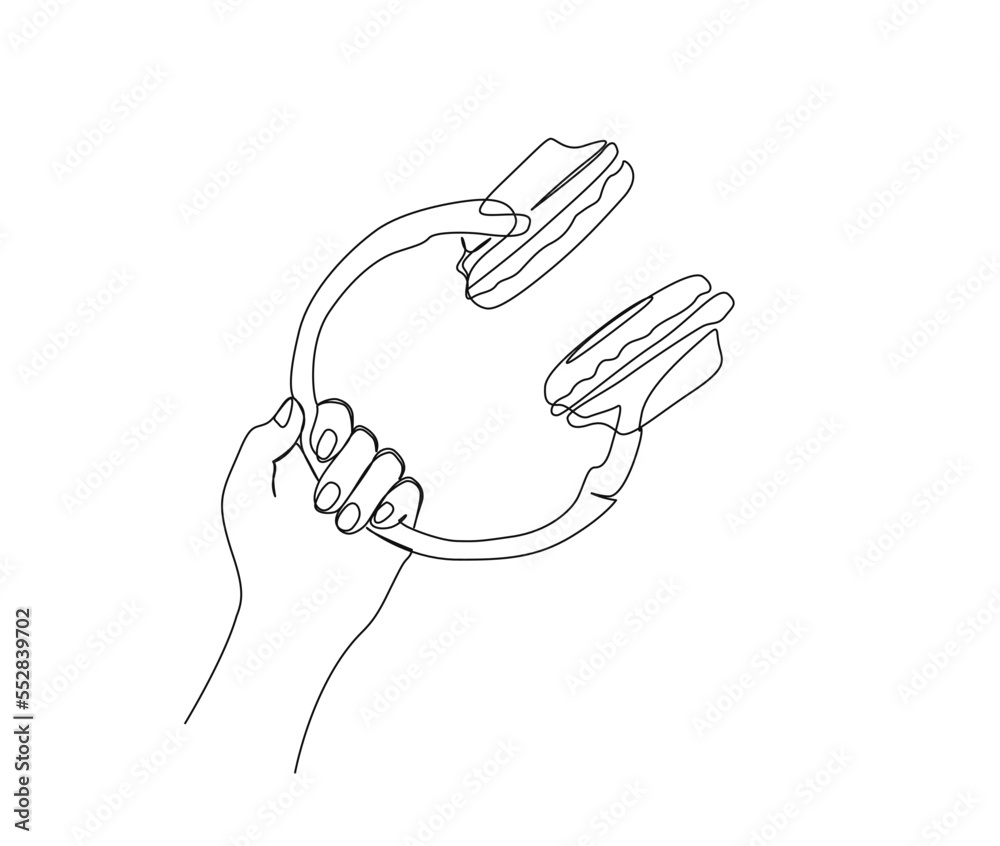 Fototapeta premium Continuous one line drawing of hand holding headphone. Hand holds wireless earphone line art vector design. Music and lifestyle concept.