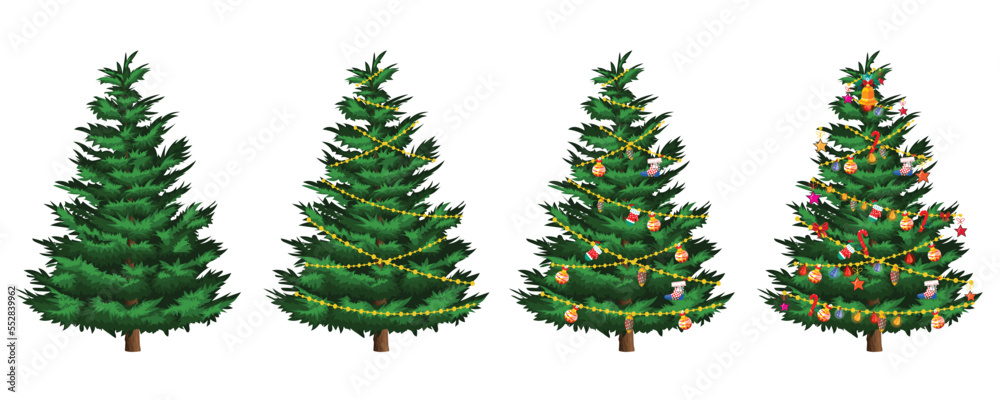 Colorfully decorated Christmas trees against a white background vector illustration