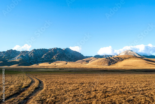 Panoramic view of Campo Imperatore, the largest plateau of the Apennines located in the Gran Sasso and Monti della Laga National Park, province of L'Aquila, Abruzzo region, Italy.