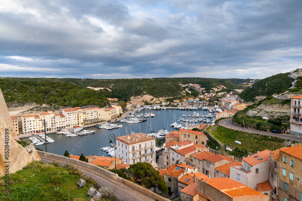 view of the harbor and marina in Bonifaccio in southern Corsica