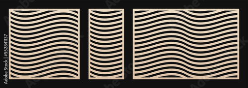 Laser cut panels collection. Vector stencil with abstract geometric pattern, wavy lines, stripes. Modern swatch for laser cutting of wood, metal, plastic, paper, acryl. Aspect ratio 1:1, 1:2, 3:2