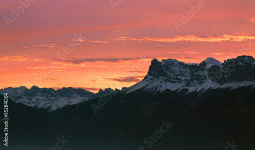 Uriage les Bains  Is  re  Rh  ne-Alpes  France  27 11 2022 magnificent sunset over the snowy mountains  yellow orange red sky  fire sky