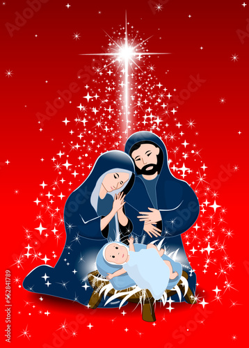 Nativity scene with the shining star in the sky. Scene of the Nativity of Jesus Christ. Next to Jesus are Mary and Joseph. Shining Christmas star. Christmas night. Red background