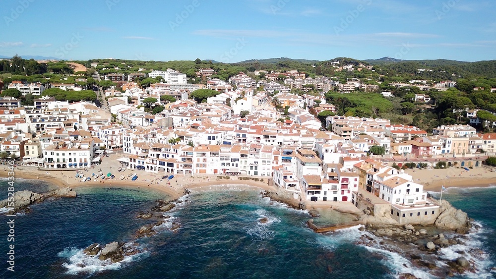 aerial view from the Mediterranean Sea on the beautiful seaside town of Calella de Palafrugell at the Costa Brava, fishing village, tourism, Palafrugell, Baix Empordà, Girona, Catalonia, Spain