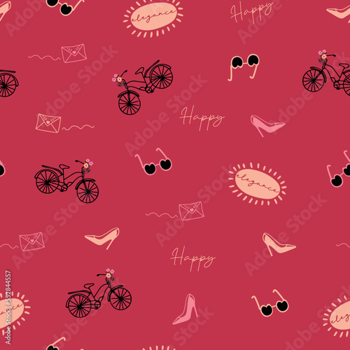 Spring, summer conversational, seamless pattern print with doodle flowers, bikes, bicycle, tags, positive quotes and slogans for fabric, thanksgiving, christmas, textile, tshirt, and wrapping