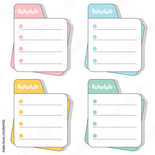 Cute blank paper notes. Stationery organizer set. Scrapbook notes and memo schedule.Printable planner stickers. To Do List sticky note pad. Digital planning element. Vector illustration.