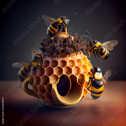 Bumble Bees Living inside Waxy Tea Pot. generative ai
