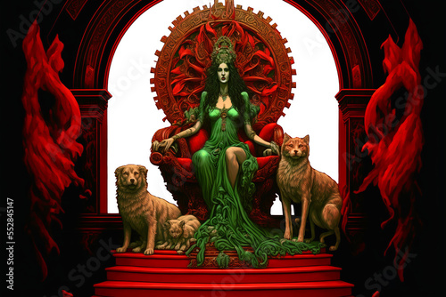 goddess with hounds in a hindu temple in red and green photo