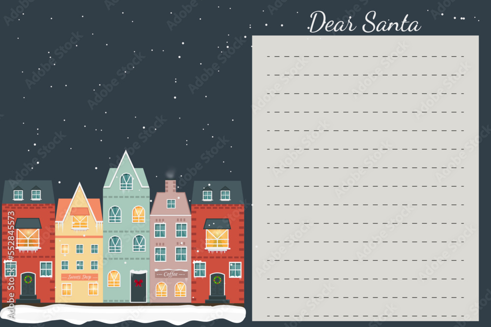 Letter to Santa. Vintage Scandinavian houses on night background