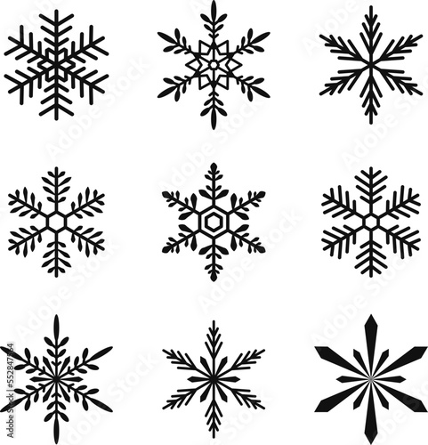 Vector snowflakes set. Collection of simple geometric snow sign icons. Black isolated illustration. Stylish graphic element. Winter snowflake silhouettes. Christmas and New Year holidays theme.