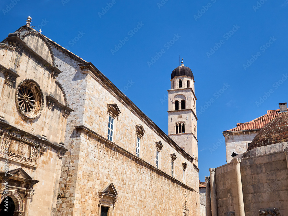 St. Saviour Church and the Franciscan Church and Monastery in Stradun, or Placa, the main street of Dubrovnik Old Town, Croatia, Europe