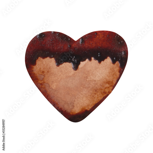 watercolor illustration of a heart-shaped chocolate cookie, in the technique of coffee painting, with icing, for christmas, holiday, for design, cards and invitations photo