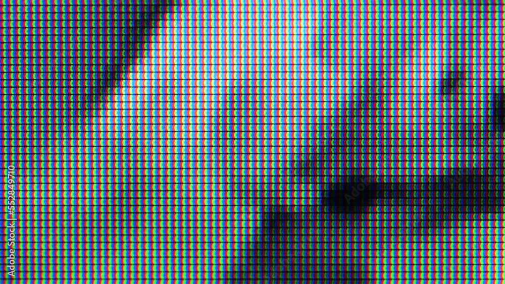 Abstract scary creepy TV screen, black and white picture on color display, people, body parts. Spooky moving background texture, horror, macro details, extreme closeup, pixels visible, nobody