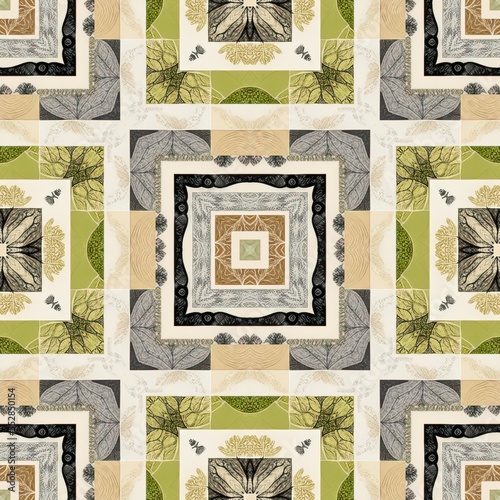 Forest green decorative damask seamless pattern. Geometric kaleidoscope linen for wallpaper backdrop. Printed fabric of optic trendy vintage design. 