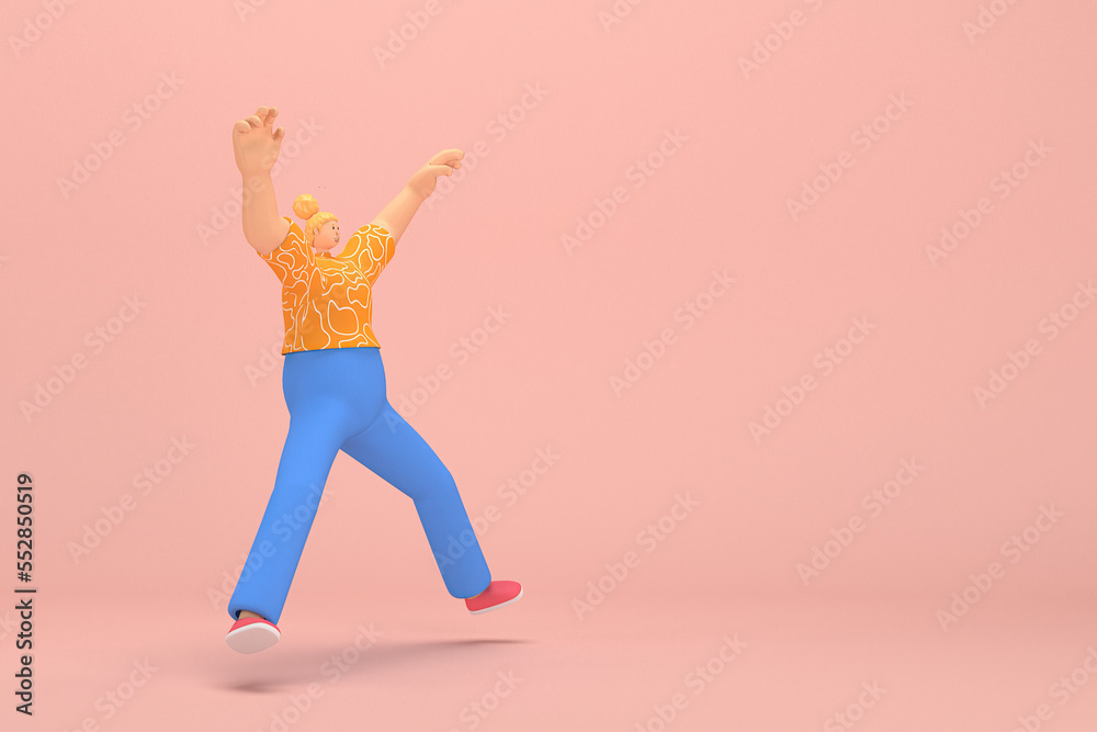 The woman with golden hair tied in a bun wearing blue corduroy pants and Orange T-shirt with white stripes.  She is jumping. 3d rendering of cartoon character in acting.