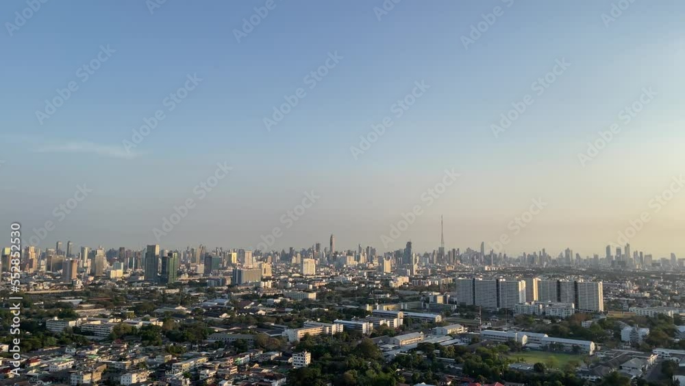 Bangkok, Thailand - Top aerial view urban cityscape beautiful sky, buildings and Chao Phraya River landscape Bangkok, Thailand - Top aerial view urban cityscape beautiful sky, buildings and Chao Phraya River landscape