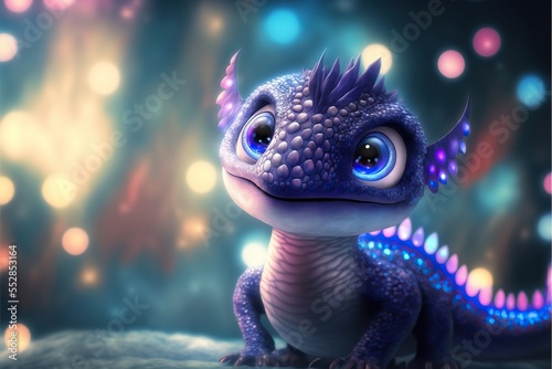 Cute luminescent purple baby dragon creature, generative ai.