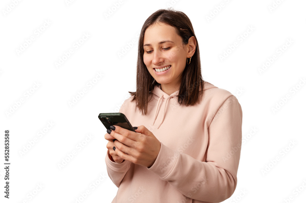 Young smiling woman is texting a message, browsing or scrolling in social media. Young smiling woman is texting a message, browsing or scrolling in social media.