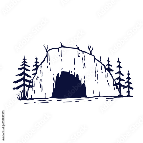 Cave in mountain in engraving style. Hand drawn cartoon illustration