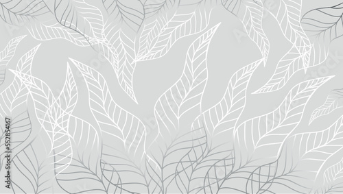 Luxury silver and white background with plants. Leaf outline. Minimal art. Vector art