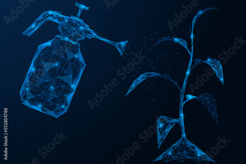 Spraying the plant. Polygonal design of interconnected lines and points. Blue background.