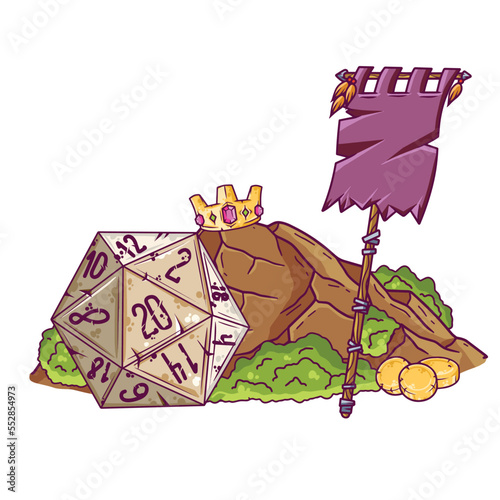Dungeon and dragons board game. Dice d20 and cartoon cave entrance. Tabletop RPG game
