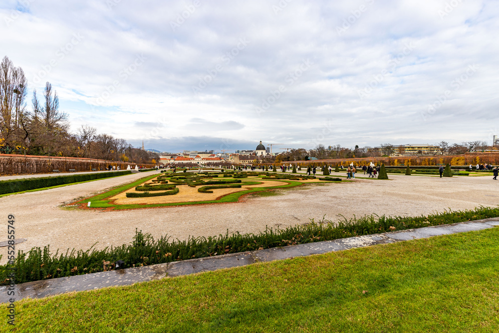Cityscape with the garden of Schloss Belvedere in Vienna. Belvedere Castle during the Christmas holidays.