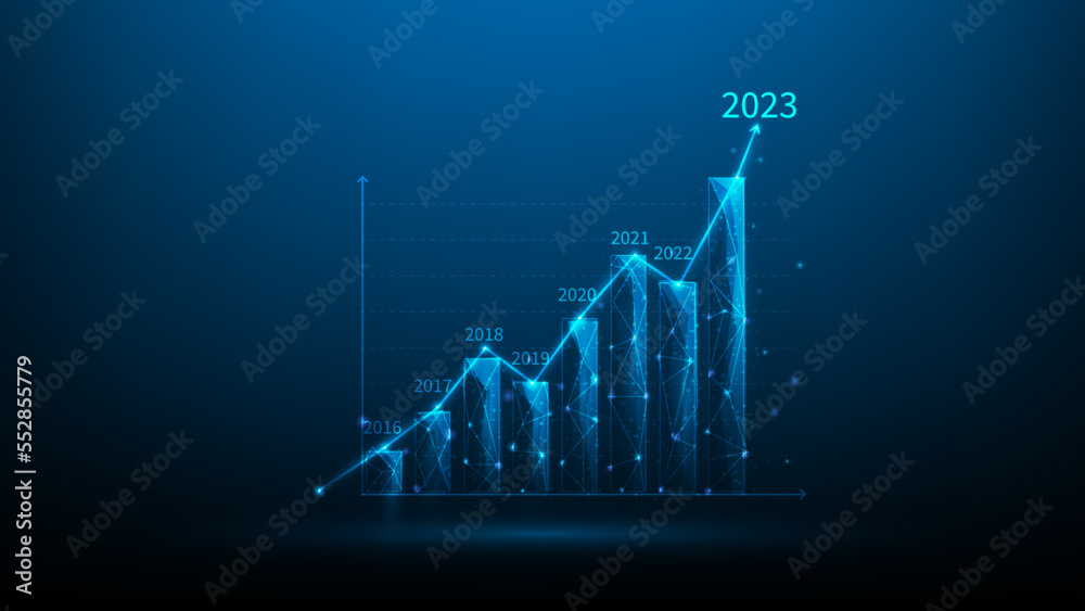 business finance investment graph growth in new year 2023. rising stock chart on blue dark background. - obrazy, fototapety, plakaty 