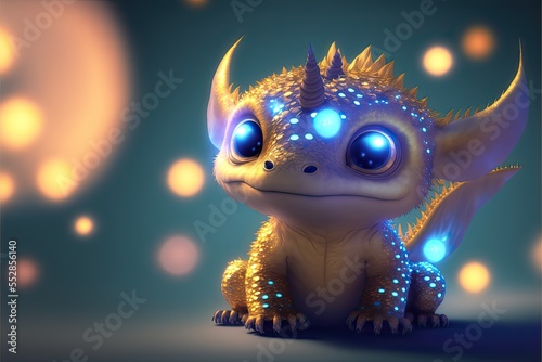 Baby dragon creature, golden colors, sparkly scales, generative ai.